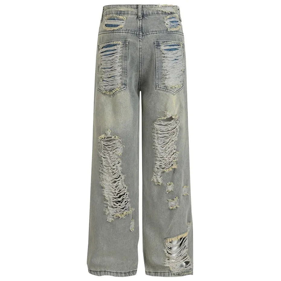Vintage Ripped Baggy Jeans Blue Loose Wide Leg Denim Pants Streetwear Harajuku Hip Hop Jeans