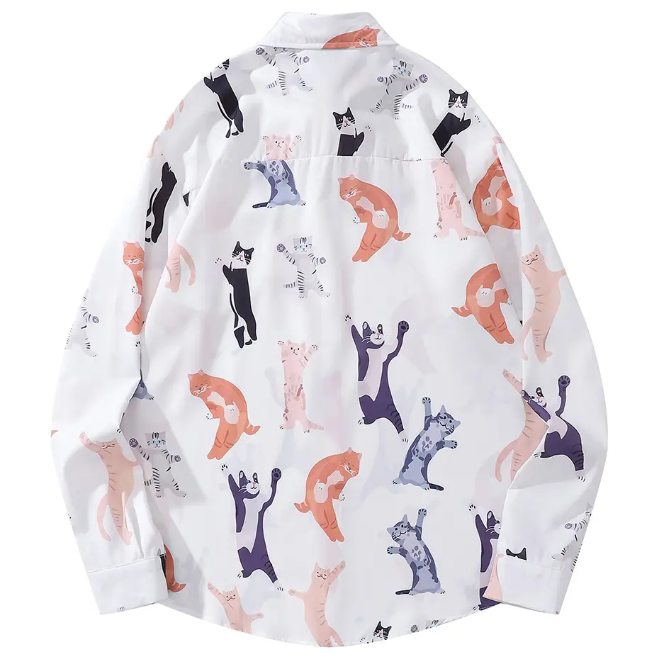 Funny Cats Printed Shirts Japan Style Men's Loose Long Sleeve Shirts Casual Button Up Blouse