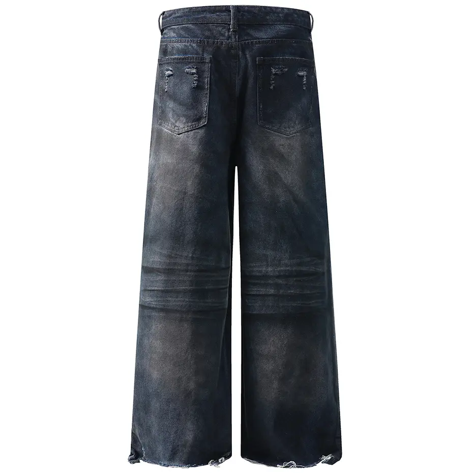 Men Vintage Ripped Jeans Hi Street Baggy Jeans Streetwear Harajuku Hip Hop Jeans Trousers Loose Blue Denim Pants Male