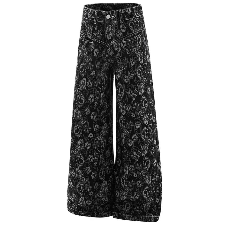 Vintage Baggy Jeans Men's Black Paisley Graphic Loose Straight Denim Pants Streetwear Harajuku Hip Hop Jeans