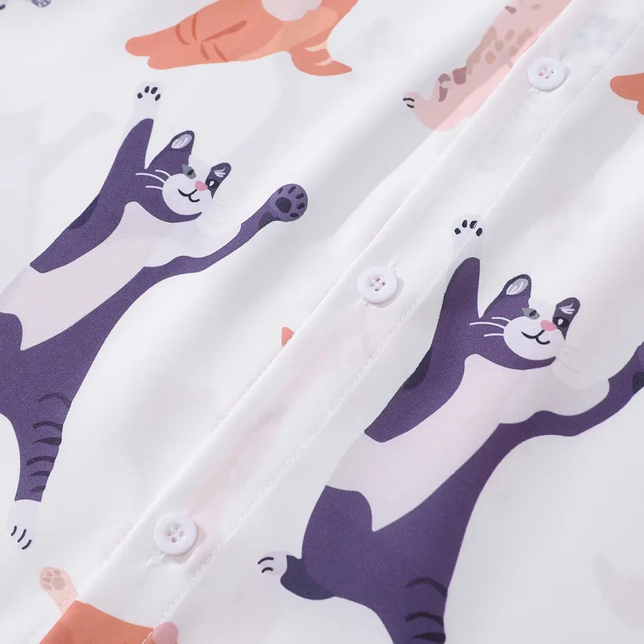 Funny Cats Printed Shirts Japan Style Men's Loose Long Sleeve Shirts Casual Button Up Blouse