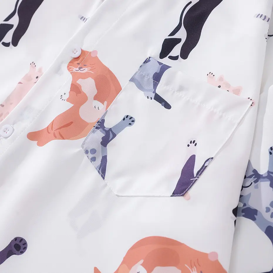 Funny Cats Printed Shirts Japan Style Men's Loose Long Sleeve Shirts Casual Button Up Blouse