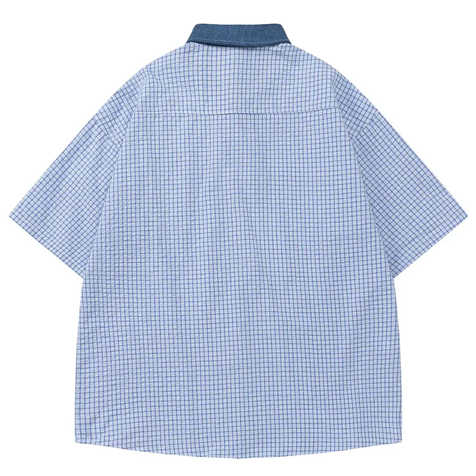 Vintage Japan Style Shirts with Necktie Unisex Varsity Shirts Loose Short Sleeve Button Up Blouse Oversized Y2K Plaid Shirts