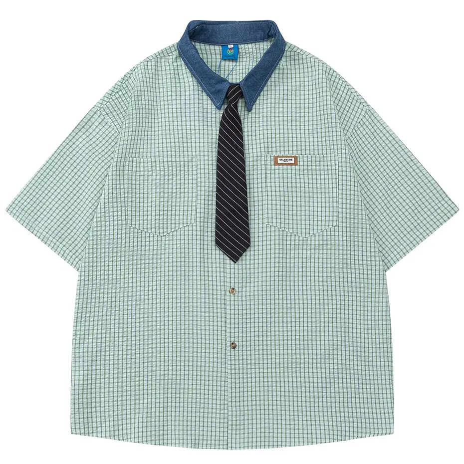 Vintage Japan Style Shirts with Necktie Unisex Varsity Shirts Loose Short Sleeve Button Up Blouse Oversized Y2K Plaid Shirts
