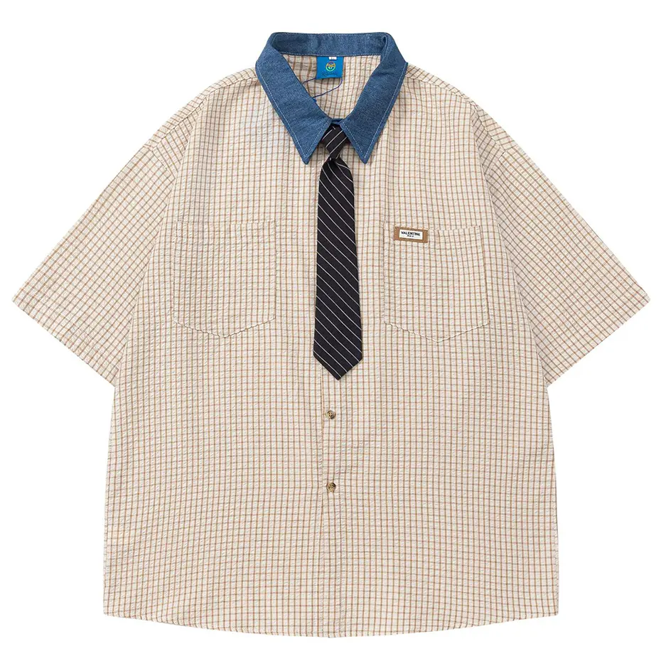 Vintage Japan Style Shirts with Necktie Unisex Varsity Shirts Loose Short Sleeve Button Up Blouse Oversized Y2K Plaid Shirts
