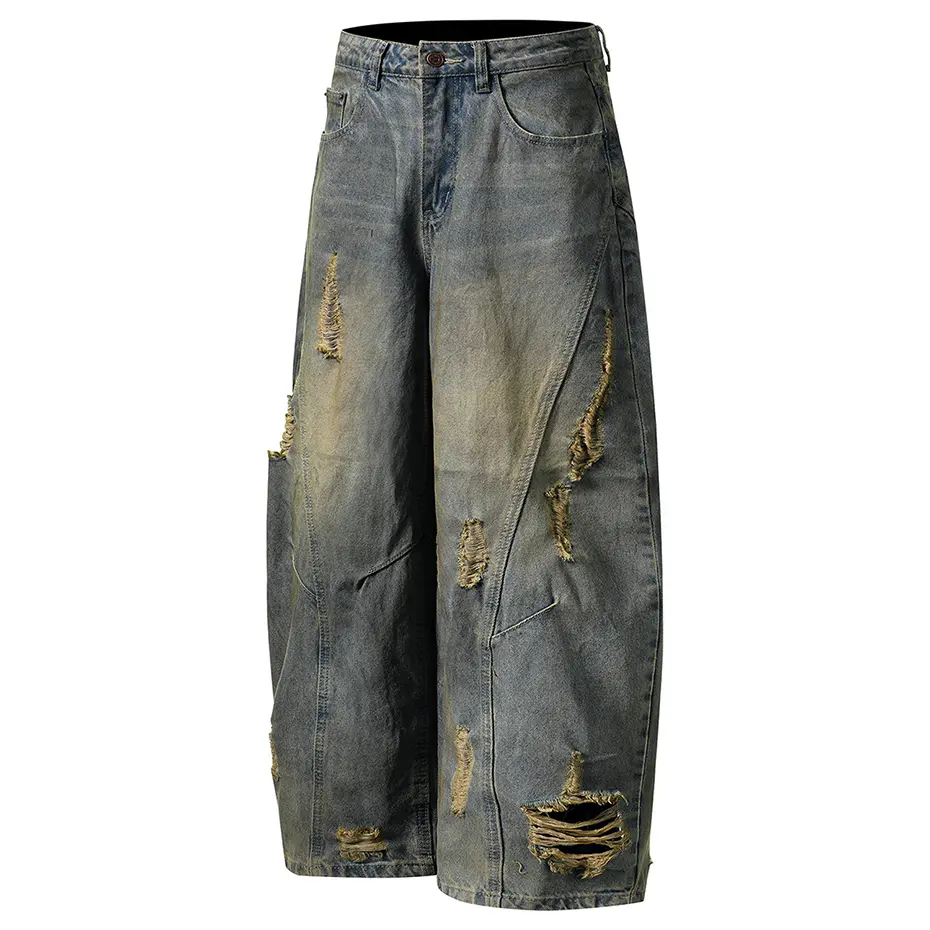 Men Vintage Ripped Baggy Jeans Blue Wide Leg Loose Denim Pants Streetwear Harajuku Hip Hop Retro Jeans Trousers