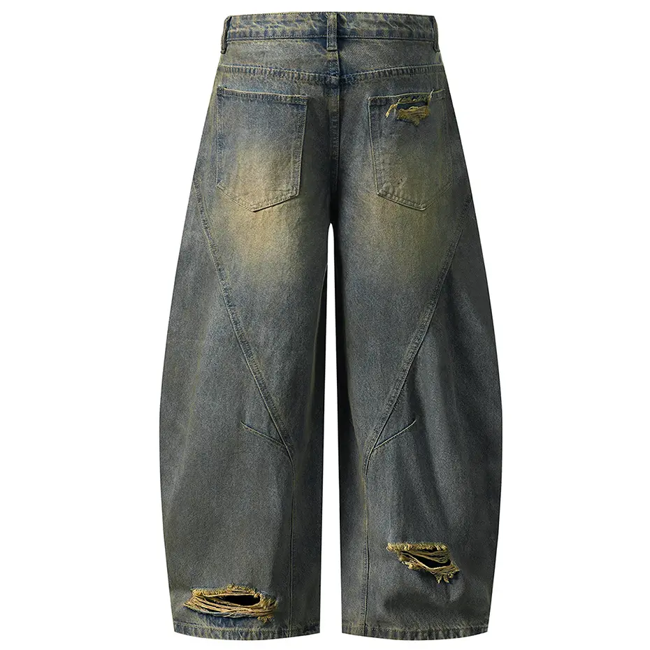 Men Vintage Ripped Baggy Jeans Blue Wide Leg Loose Denim Pants Streetwear Harajuku Hip Hop Retro Jeans Trousers