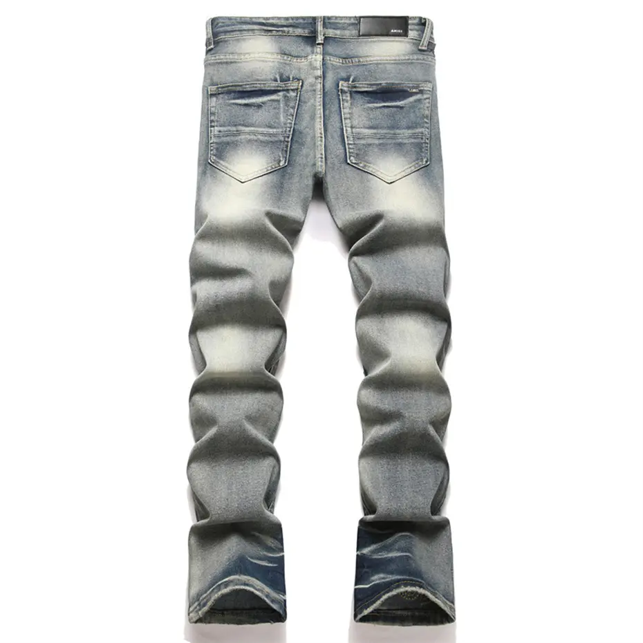 Rivet Punk Jeans Men Vintage Blue Loose Straight Denim Pants Streetwear Harajuku Jeans