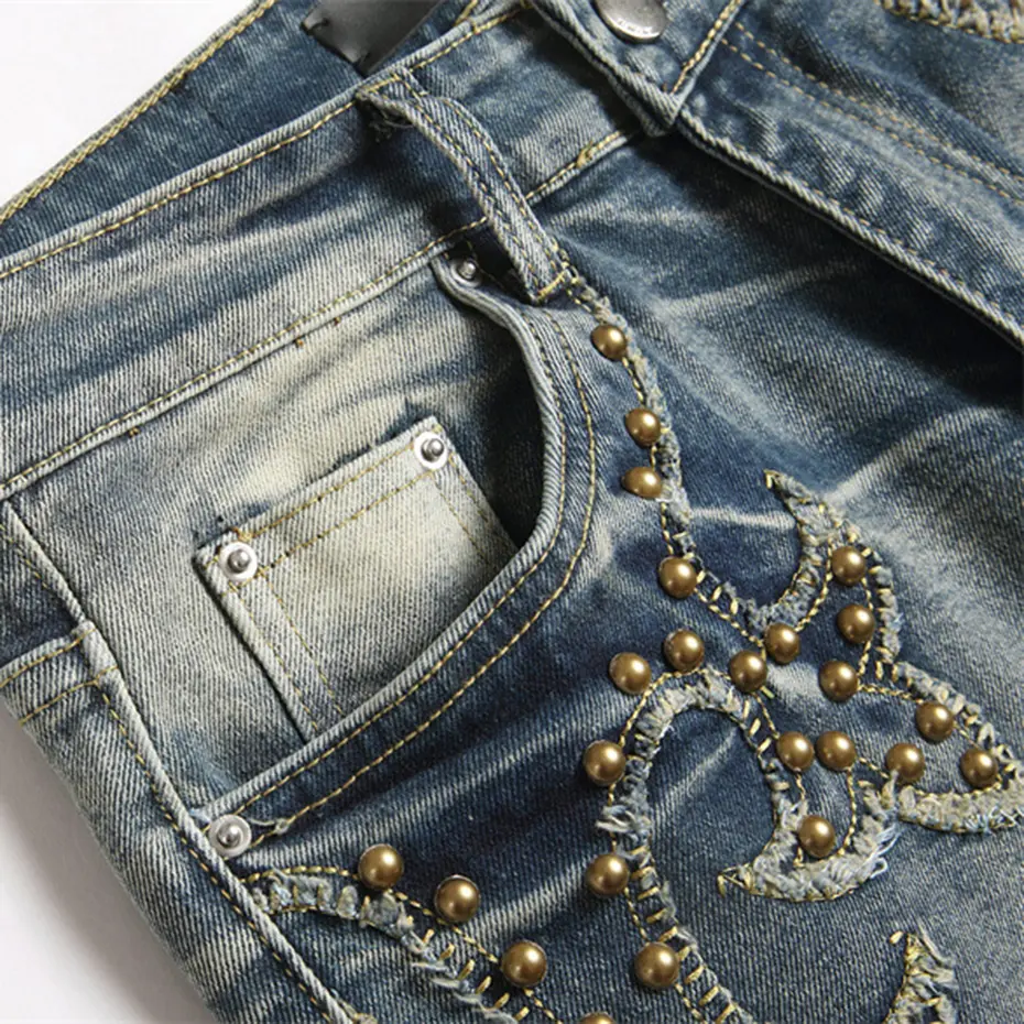 Rivet Punk Jeans Men Vintage Blue Loose Straight Denim Pants Streetwear Harajuku Jeans