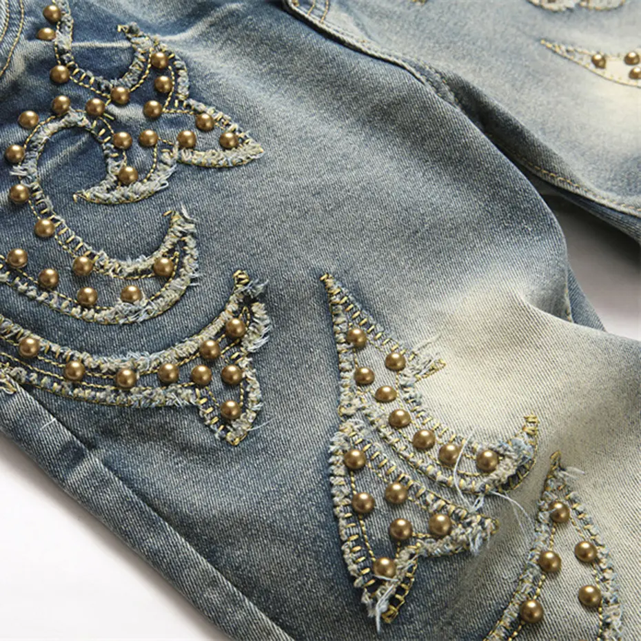 Rivet Punk Jeans Men Vintage Blue Loose Straight Denim Pants Streetwear Harajuku Jeans