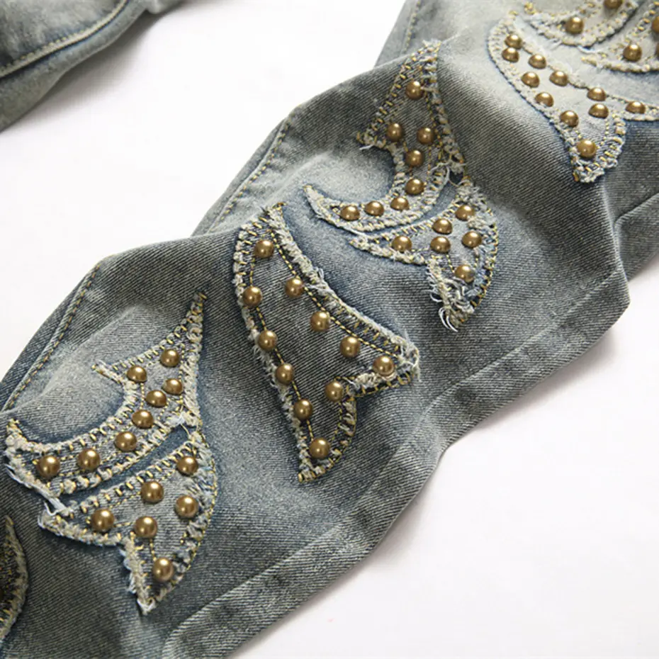Rivet Punk Jeans Men Vintage Blue Loose Straight Denim Pants Streetwear Harajuku Jeans