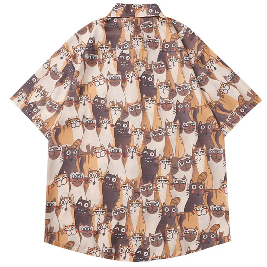 Cats Graphic Shirts Japanese Harajuku Shirts Men Summer Casual Loose Button Up Blouse