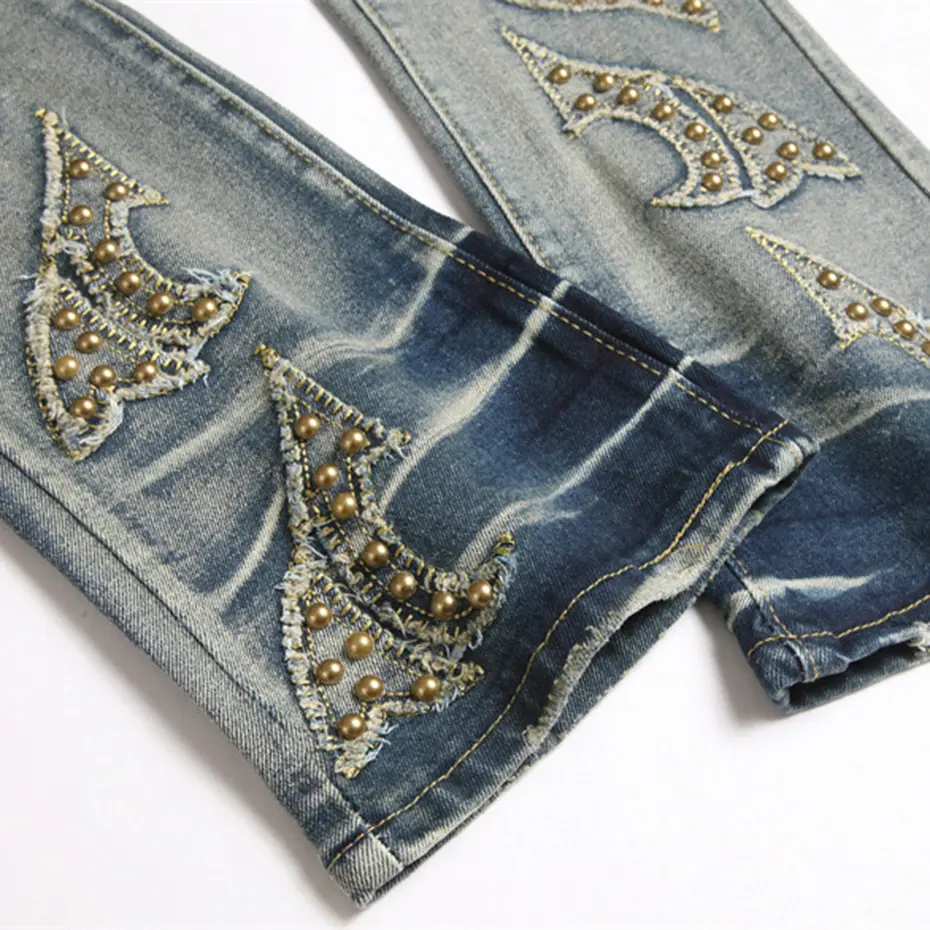 Rivet Punk Jeans Men Vintage Blue Loose Straight Denim Pants Streetwear Harajuku Jeans