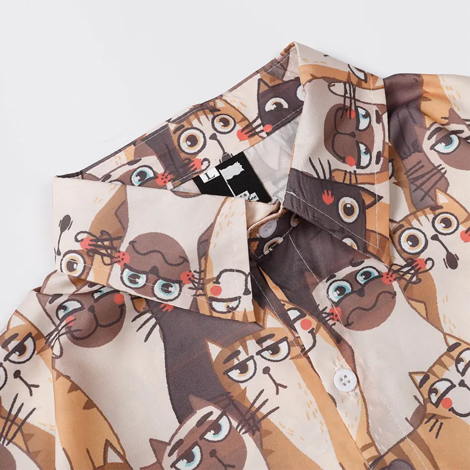 Cats Graphic Shirts Japanese Harajuku Shirts Men Summer Casual Loose Button Up Blouse
