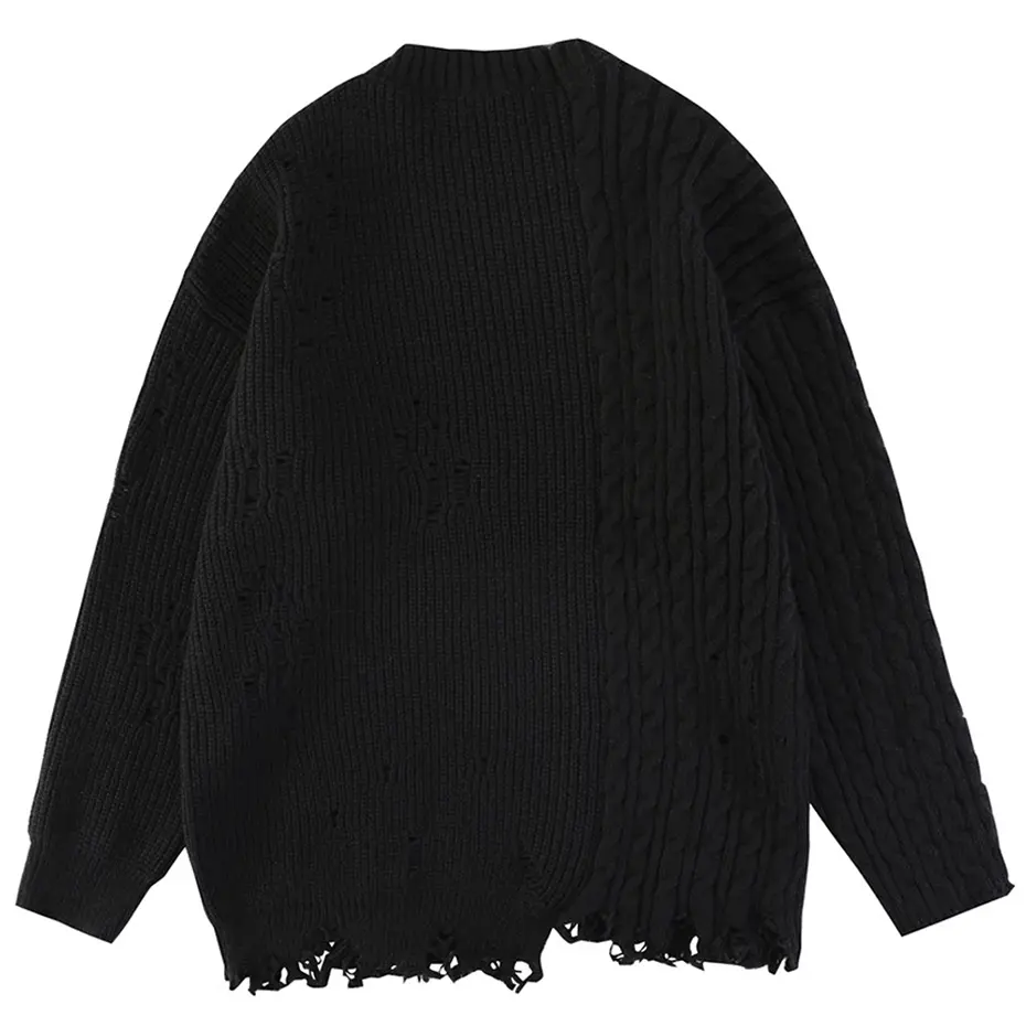 Hip Hop Oversized Sweater Black Beige Loose Knit Jumper Streetwear Harajuku Ripped Sweaters