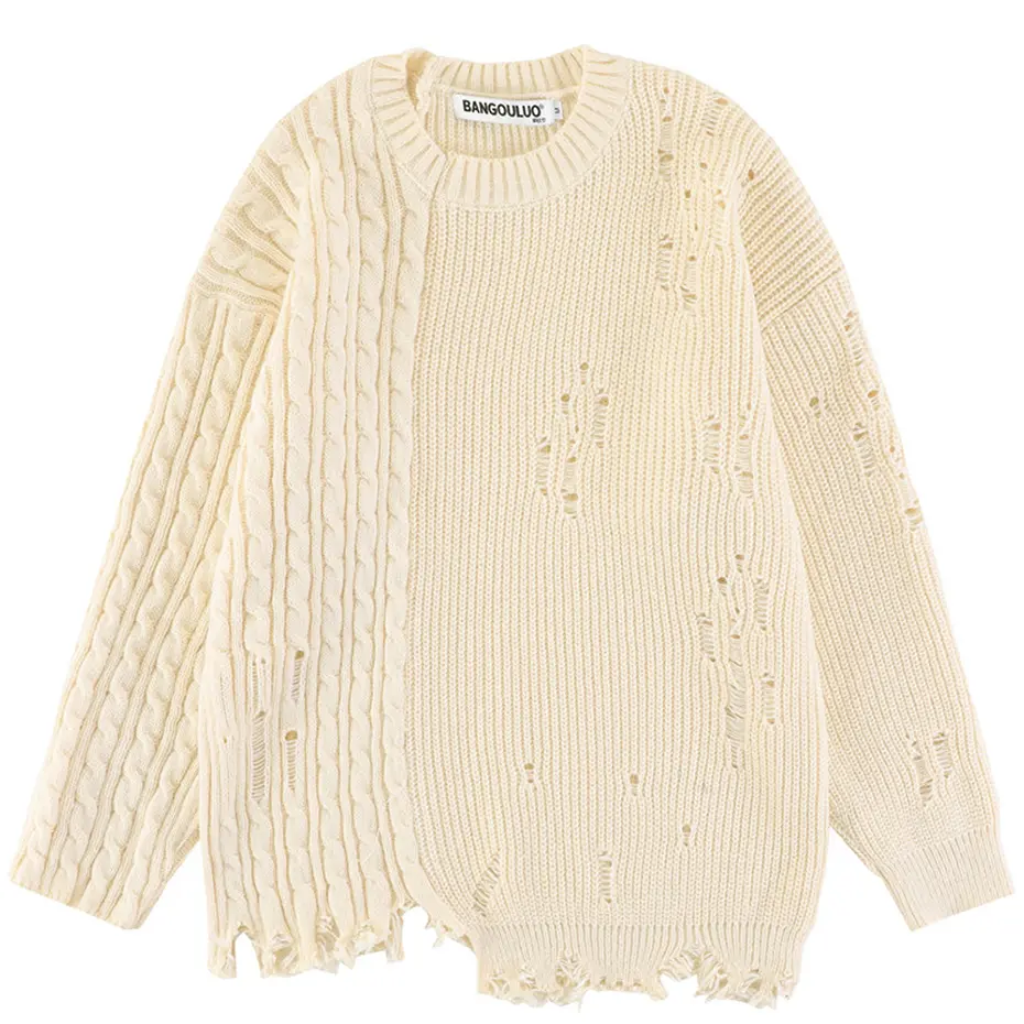 Hip Hop Oversized Sweater Black Beige Loose Knit Jumper Streetwear Harajuku Ripped Sweaters