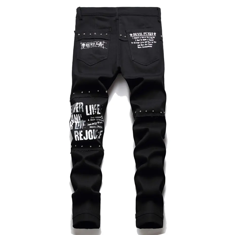 Rivet Punk Denim Jeans Pants Skull Patchwork Streetwear Hip Hop Denim Pants Men Harajuku Plaid Fashion Slim Black Jeans Trousers
