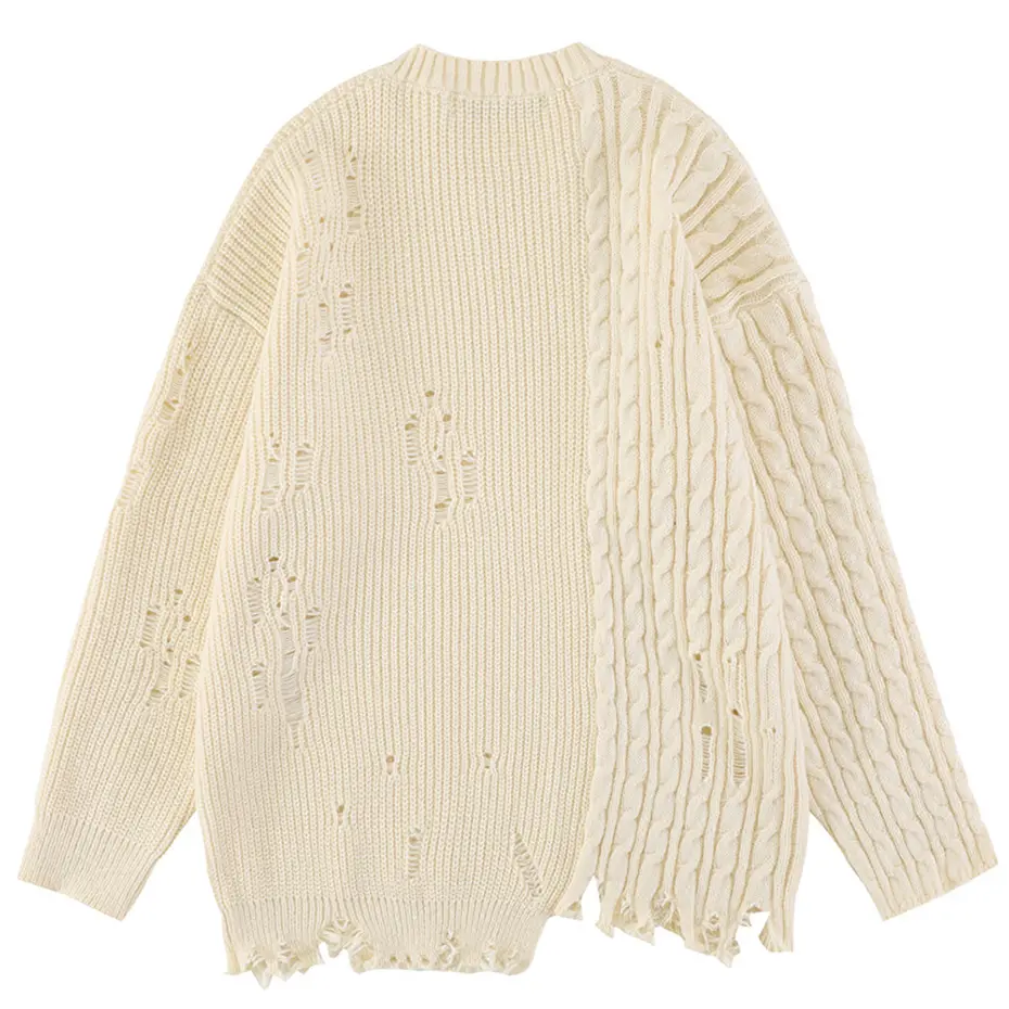 Hip Hop Oversized Sweater Black Beige Loose Knit Jumper Streetwear Harajuku Ripped Sweaters