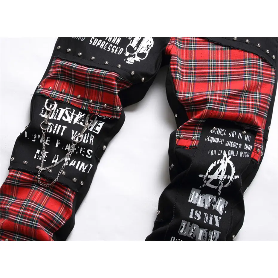 Rivet Punk Denim Jeans Pants Skull Patchwork Streetwear Hip Hop Denim Pants Men Harajuku Plaid Fashion Slim Black Jeans Trousers