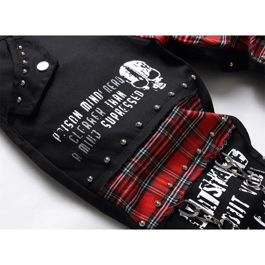 Rivet Punk Denim Jeans Pants Skull Patchwork Streetwear Hip Hop Denim Pants Men Harajuku Plaid Fashion Slim Black Jeans Trousers