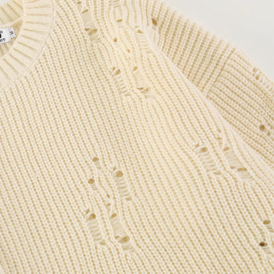 Hip Hop Oversized Sweater Black Beige Loose Knit Jumper Streetwear Harajuku Ripped Sweaters