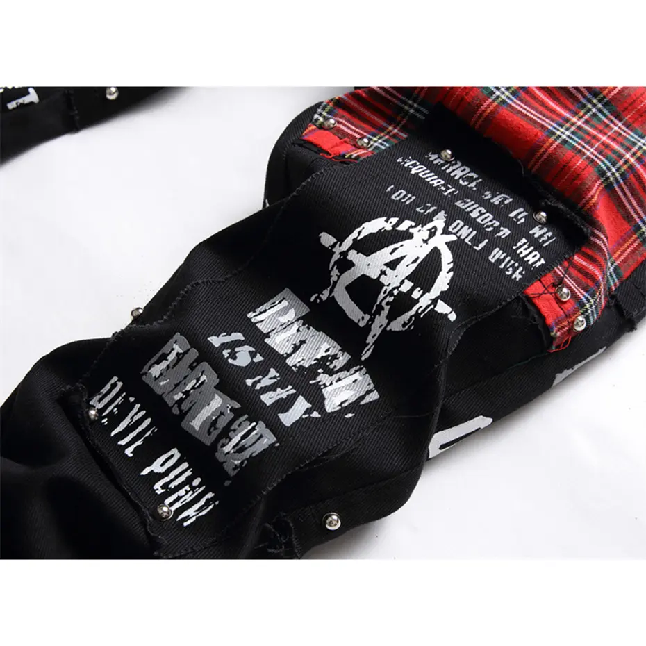 Rivet Punk Denim Jeans Pants Skull Patchwork Streetwear Hip Hop Denim Pants Men Harajuku Plaid Fashion Slim Black Jeans Trousers