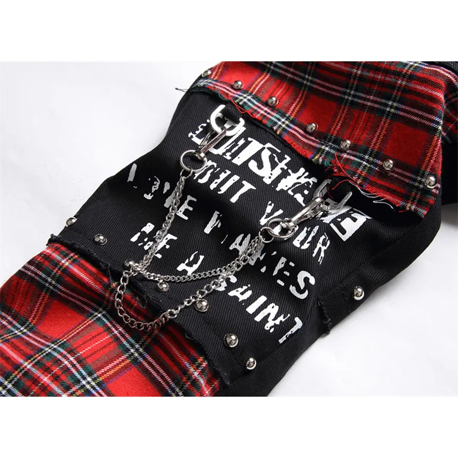 Rivet Punk Denim Jeans Pants Skull Patchwork Streetwear Hip Hop Denim Pants Men Harajuku Plaid Fashion Slim Black Jeans Trousers