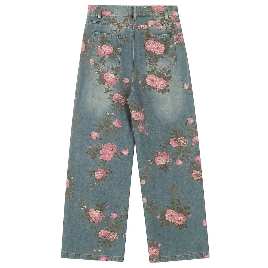 Flower Graphic Jeans Loose Casual Straight Denim Pants Unisex Harajuku Vitnage Baggy Jeans Trousers