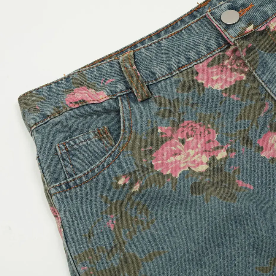 Flower Graphic Jeans Loose Casual Straight Denim Pants Unisex Harajuku Vitnage Baggy Jeans Trousers