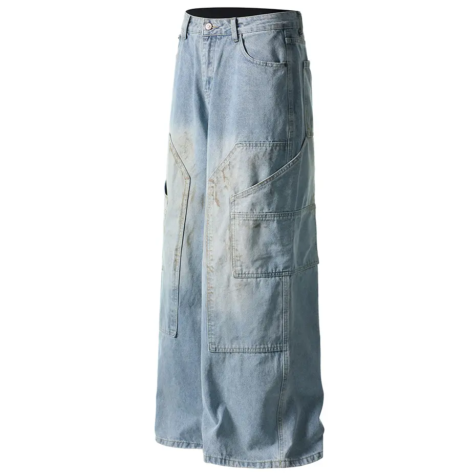 Hi Street Vintage Baggy Jeans Side Pocket Wide Leg Denim Pants Blue Loose Straight Jeans Trousers Streetwear Hip Hop