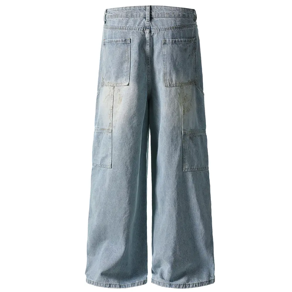 Hi Street Vintage Baggy Jeans Side Pocket Wide Leg Denim Pants Blue Loose Straight Jeans Trousers Streetwear Hip Hop