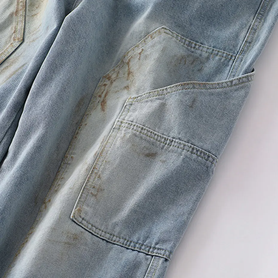 Hi Street Vintage Baggy Jeans Side Pocket Wide Leg Denim Pants Blue Loose Straight Jeans Trousers Streetwear Hip Hop