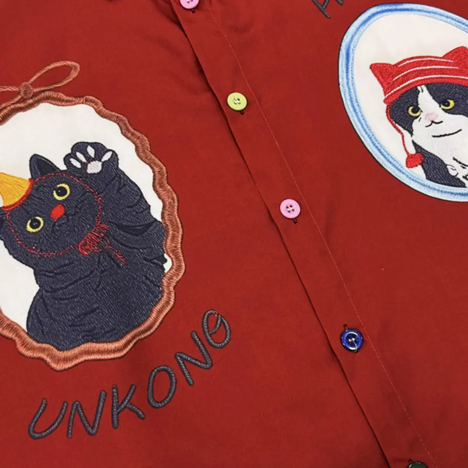 Funny Cats Graphic Shirts Japanese Harajuku Oversized Shirts Summer Casual Button Up Blouse Streetwear Hip Hop Shirts