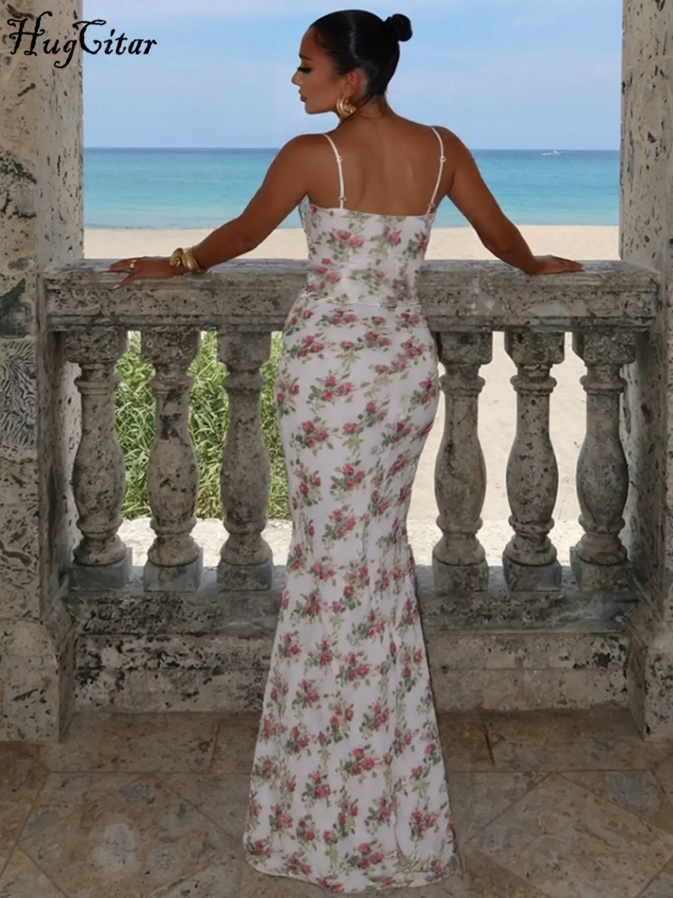 Hugcitar 2025 Elegant Floral Print Slips Backless Zip Up Sexy Bodycon Maxi Prom Dress Summer Fashion Y2K Clothes Party Festival