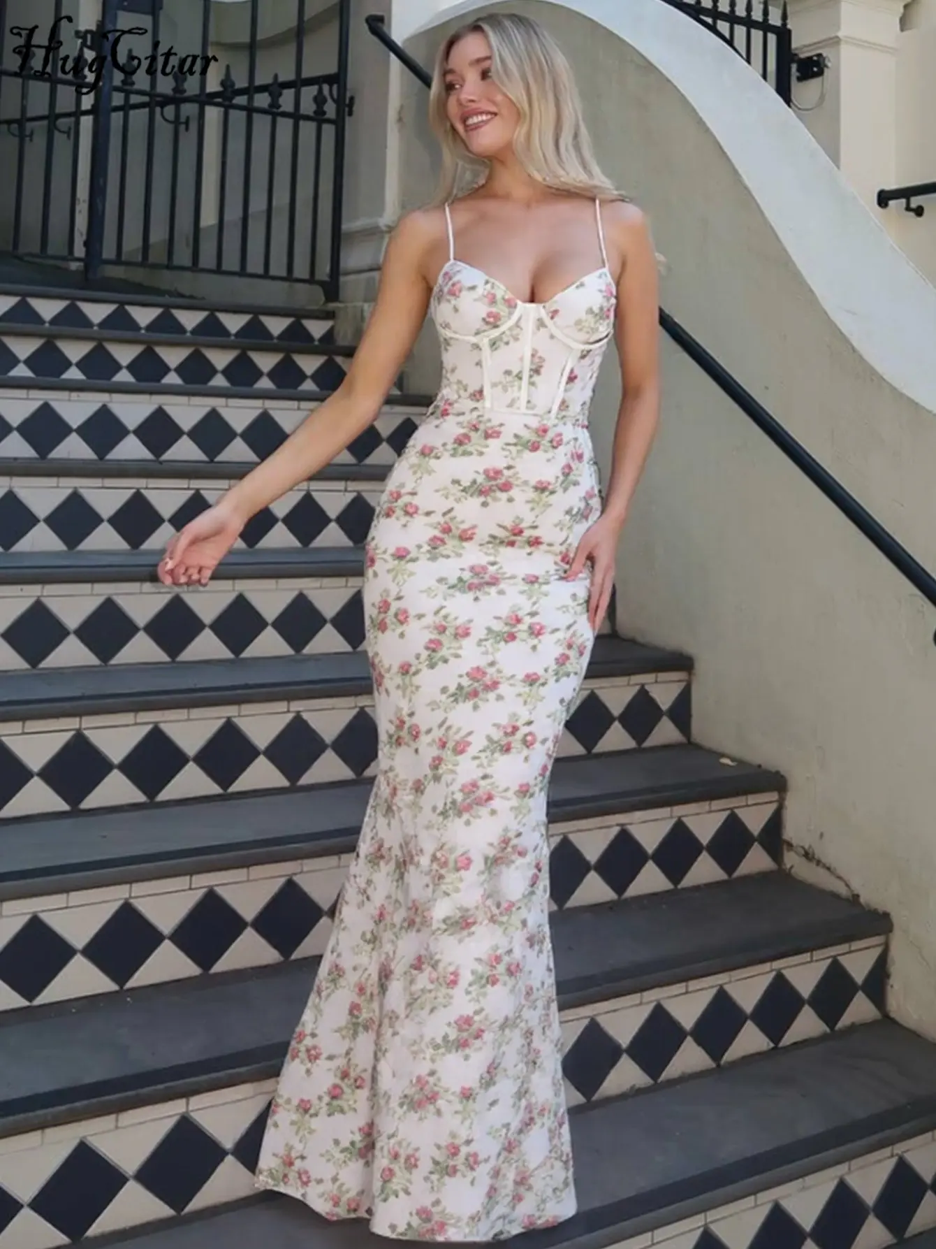 Hugcitar 2025 Elegant Floral Print Slips Backless Zip Up Sexy Bodycon Maxi Prom Dress Summer Fashion Y2K Clothes Party Festival