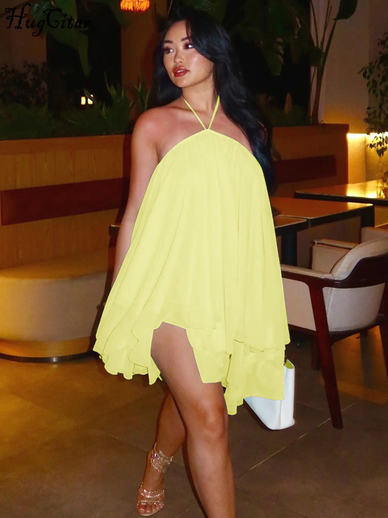 Hugcitar Women Fashion Halter Solid Backless Sexy Loose Lace Up Mini Dress Irregular Summer Vacation Clothes Party Night Club