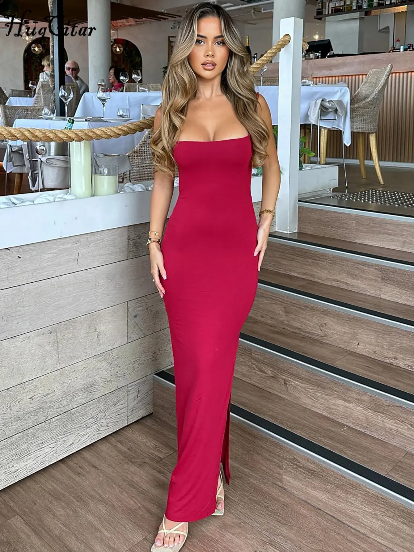 Hugcitar 2025 Elegant Solid Slips Backless Lace Up Slit Sexy Bodycon Maxi Prom Dress Women Y2K Outfits Birthday Party Festival
