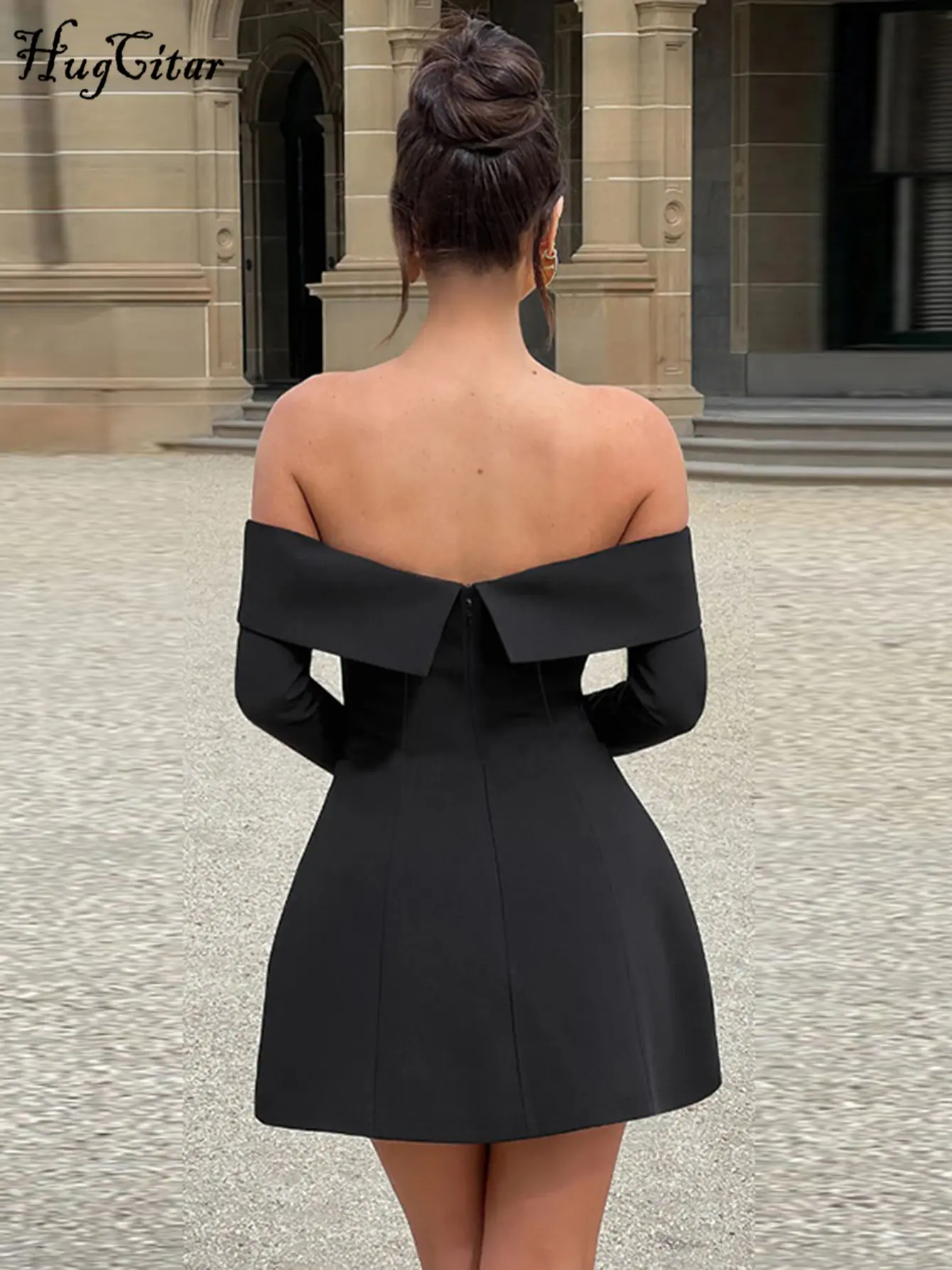 Hugcitar Women Elegant Slash Neck Solid Long Flare Sleeve Zipper Patchwork Sexy Mini Dress 2025 Spring Y2K Outfit Birthday Party