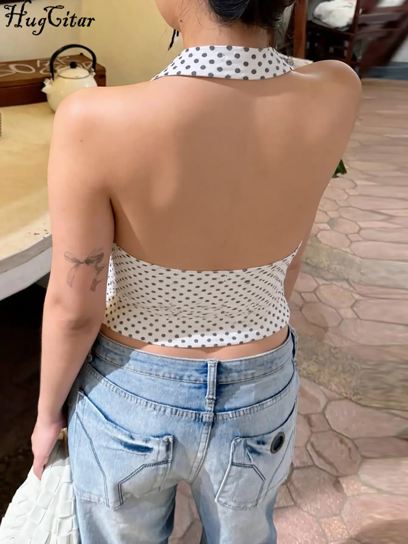 Hugcitar Spot Print Halter Sexy Backless Sexy Ruched Slim Crop Tank Top Summer Women Fashion Vacation Clothes Party Night Club