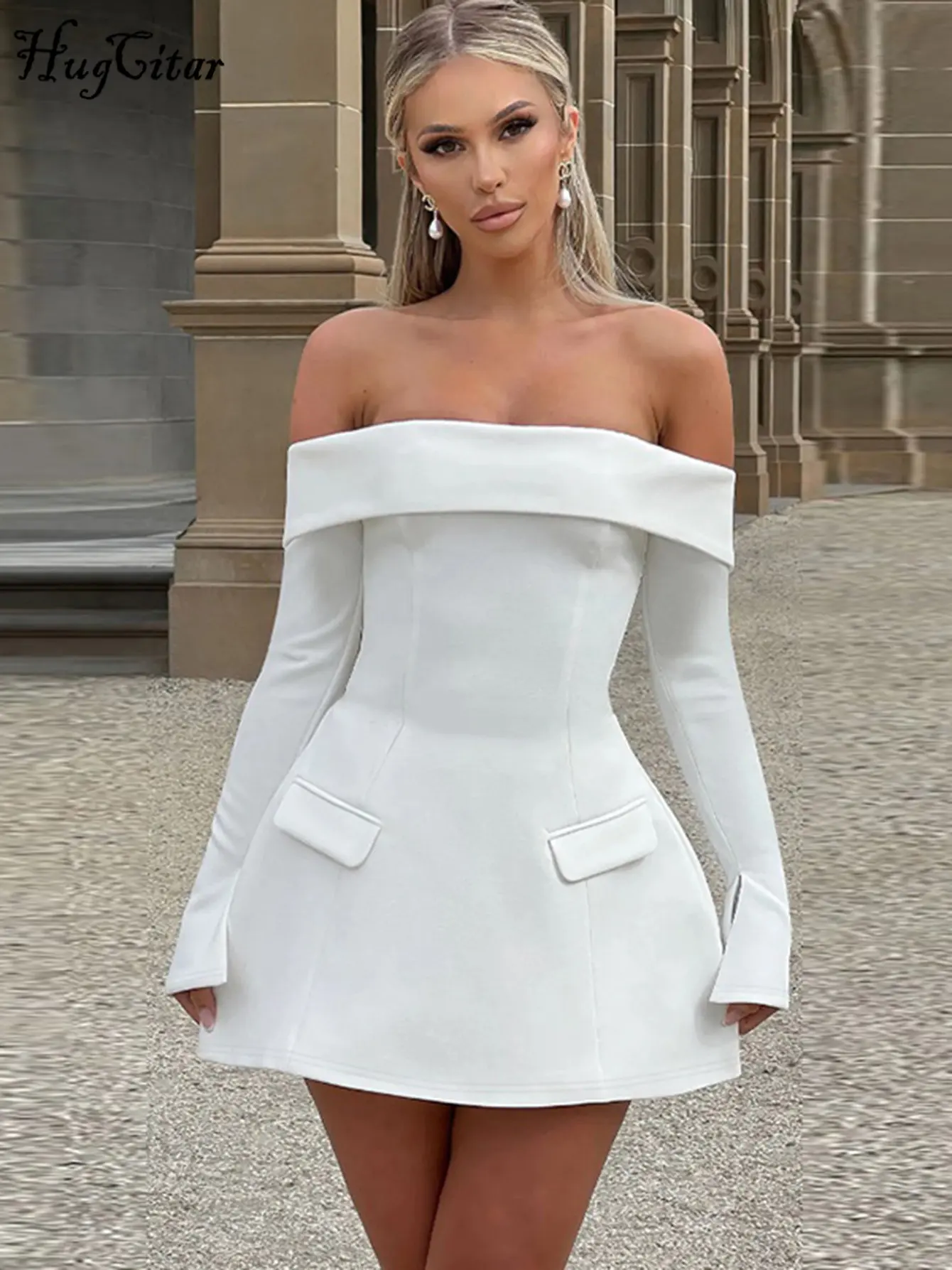 Hugcitar Women Elegant Slash Neck Solid Long Flare Sleeve Zipper Patchwork Sexy Mini Dress 2025 Spring Y2K Outfit Birthday Party