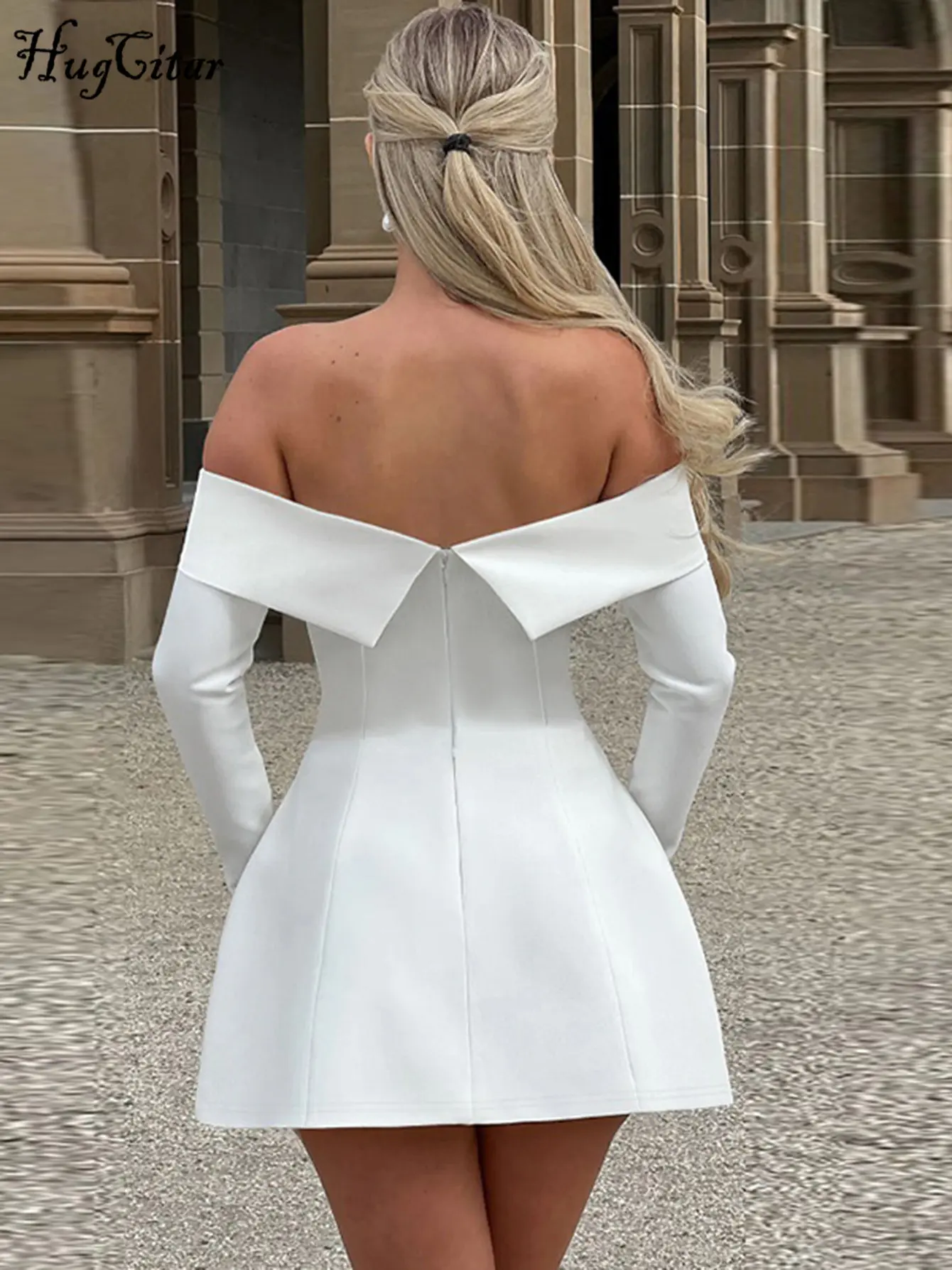 Hugcitar Women Elegant Slash Neck Solid Long Flare Sleeve Zipper Patchwork Sexy Mini Dress 2025 Spring Y2K Outfit Birthday Party