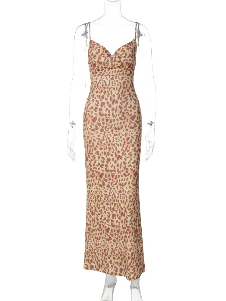 Hugcitar 2024 Fashion Leopard Print Slips Backless Sexy Bodycon Maxi Dress Summer Women Casual Outfits Party Beach Vacation