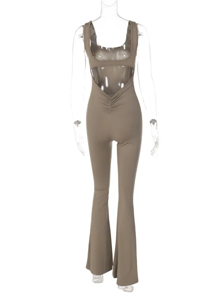 Hugcitar Solid Straps Sleeveless Backless Draped Sexy Bodycon Skinny Jumpsuit Spring Summer Women Casual Romper Streetwear Sport