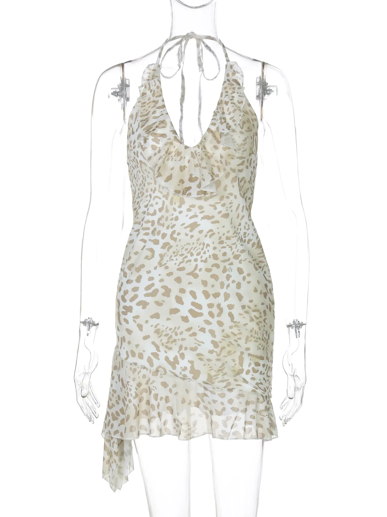 Hugcitar Women Fashion Leopard Print Sexy Halter V Neck Dress Ruffles Backless Lace Up Mini Dress Summer Clothes Vacation Club