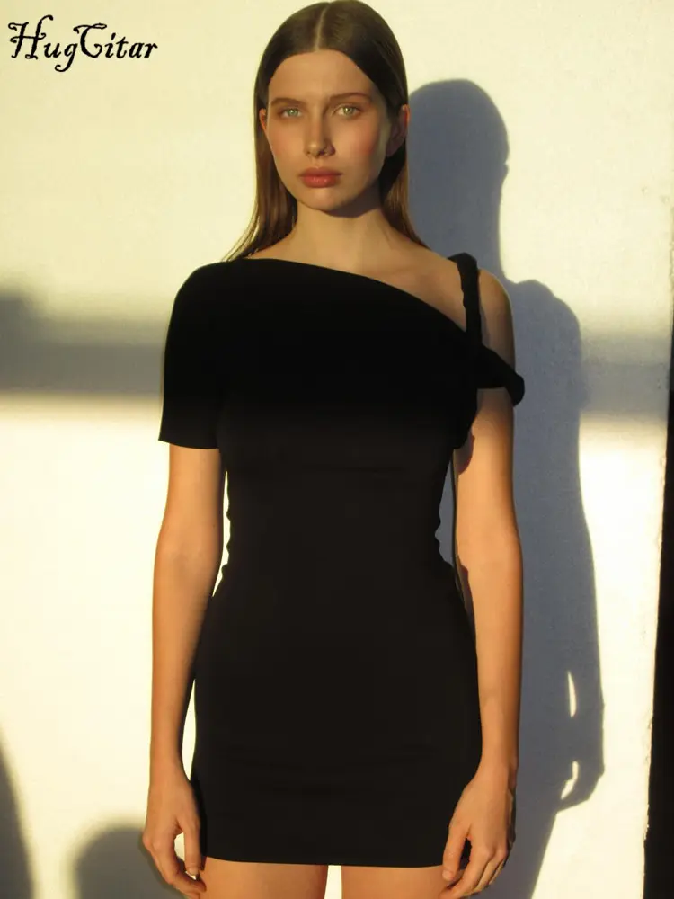 Hugcitar 2024 Fashion Solid Short Sleeve Slips Irregular Sexy Bodycon Mini Dress Summer Women Clothes Birthday Party Festival