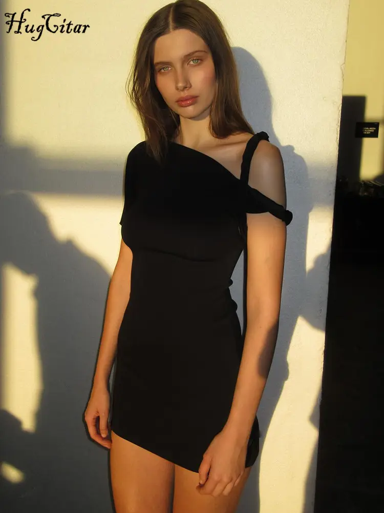 Hugcitar 2024 Fashion Solid Short Sleeve Slips Irregular Sexy Bodycon Mini Dress Summer Women Clothes Birthday Party Festival