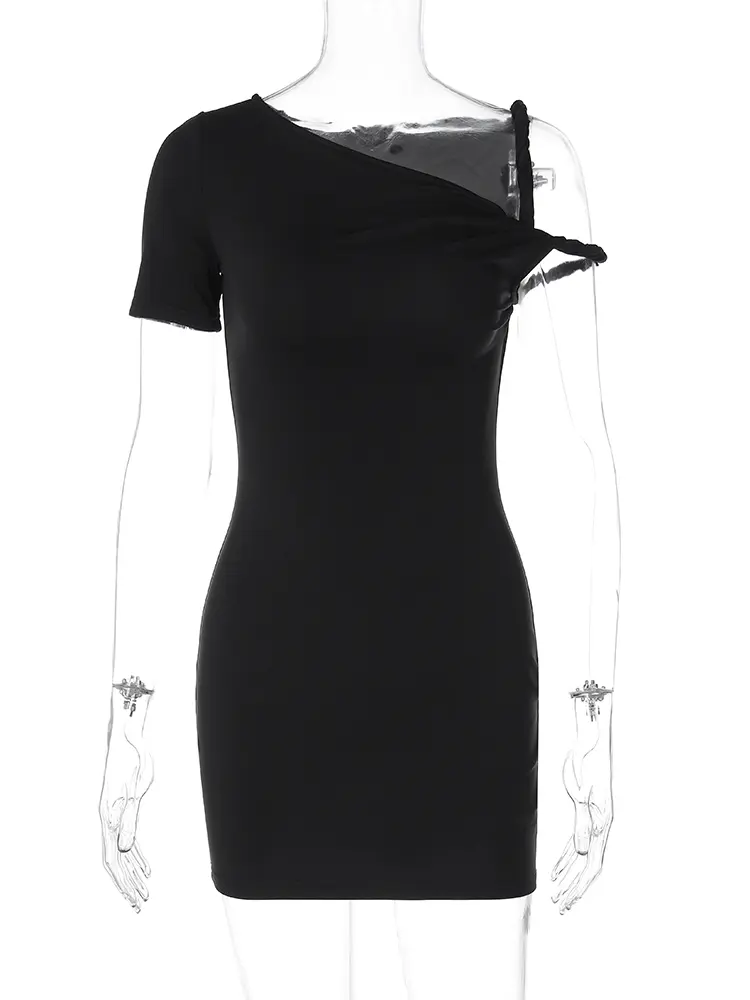 Hugcitar 2024 Fashion Solid Short Sleeve Slips Irregular Sexy Bodycon Mini Dress Summer Women Clothes Birthday Party Festival