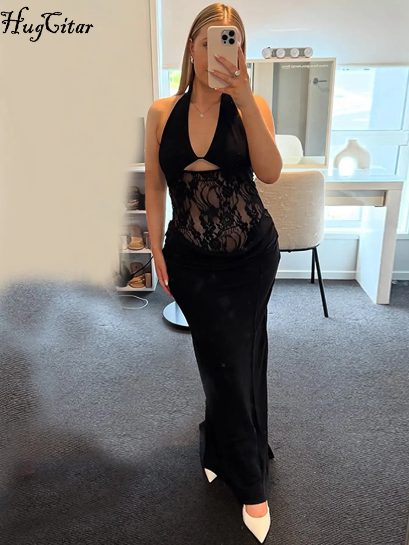 Hugcitar Women'S Fashion Halter V Neck Backless Patchwork Lace Sexy See Through Maxi Dress Summer Vacation Clothes Party Club