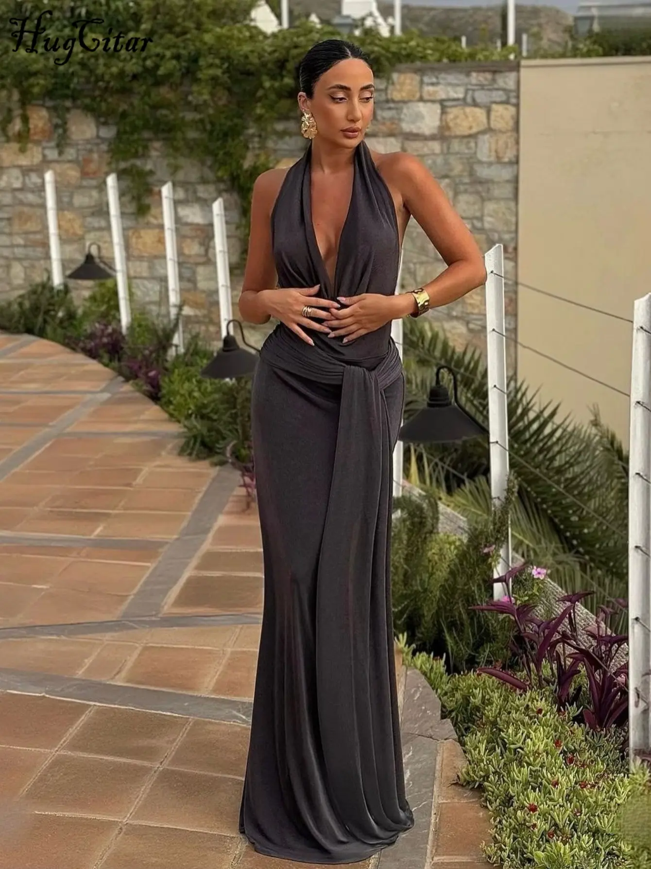 Hugcitar 2025 Solid Halter Swing Collar Backless Draped Bandage Sexy Slim Maxi Dress Women Elegant Y2K Clothes Birthday Party