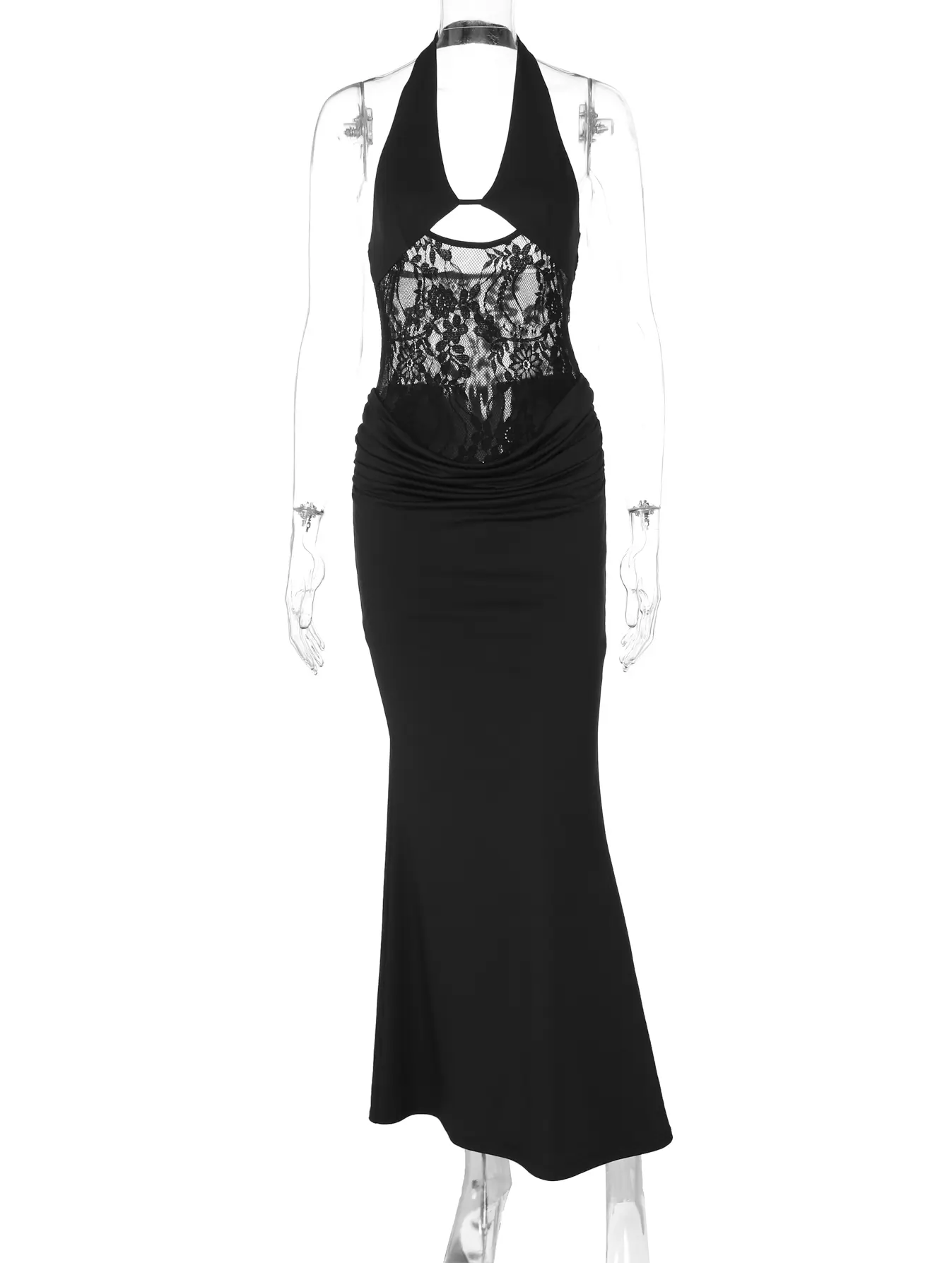 Hugcitar Women'S Fashion Halter V Neck Backless Patchwork Lace Sexy See Through Maxi Dress Summer Vacation Clothes Party Club